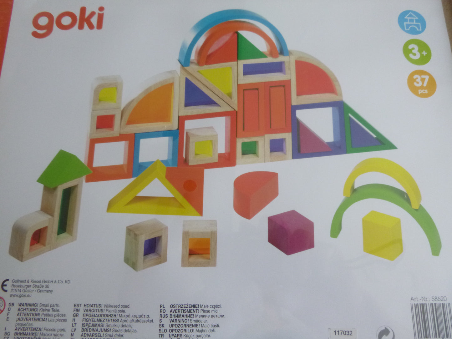 Bausteine Regenbogen mit Fenster, 37 Teile im Holzkasten